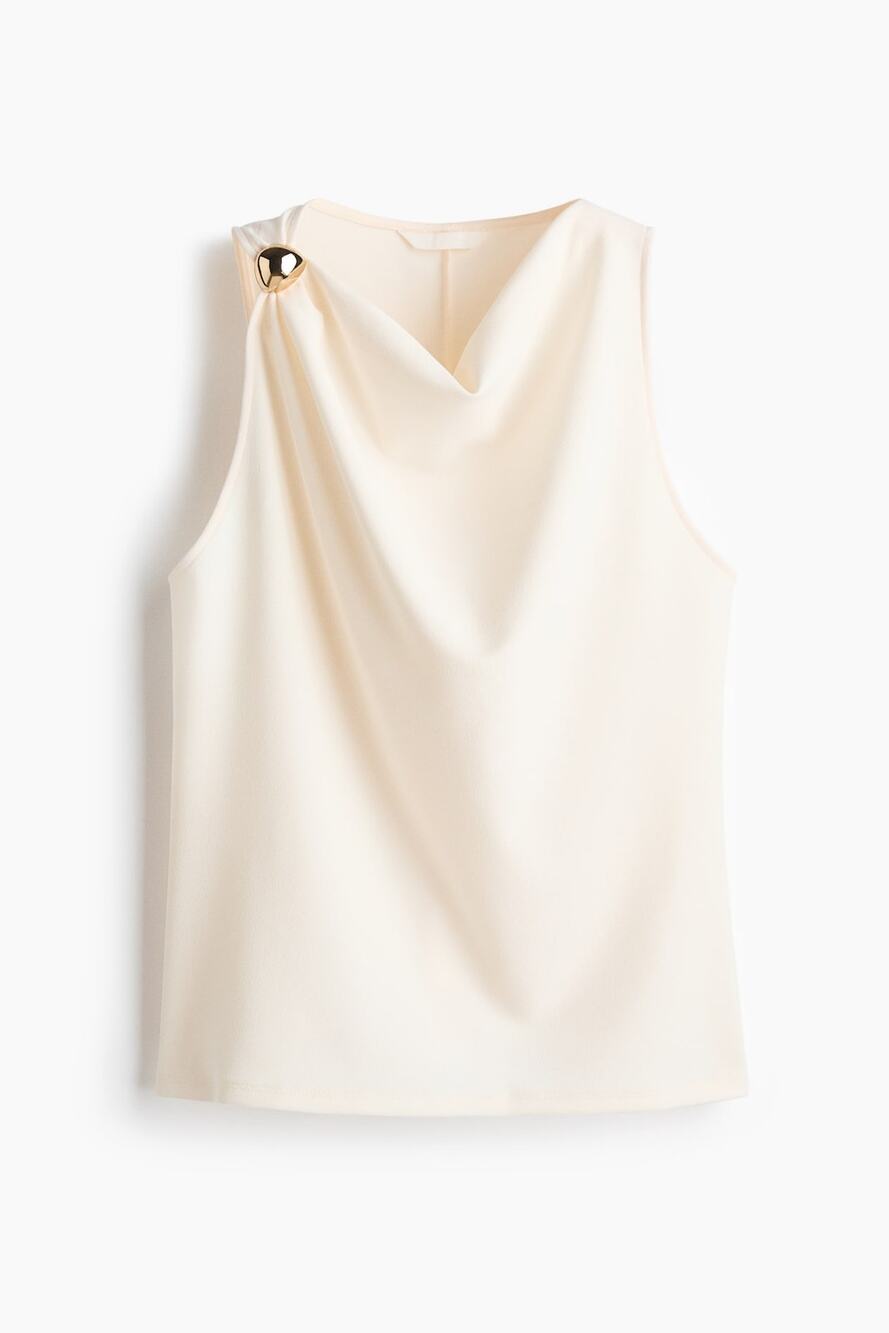 H&M Womens S Cream Ivory Draped Cowl Neck Gold Button Sleeveless Blouse NWT